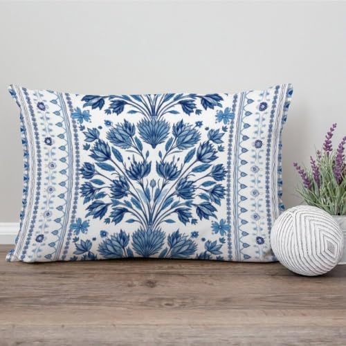 ArogGeld Lily Leaf Ginkgo Biloba Flower Pillow Cover Blue and White Geometric Flower Lumbar Throw Pillow Cushion White Linen Chinoiserie Style Toss Pillows for Sofa Living Room 16x24in