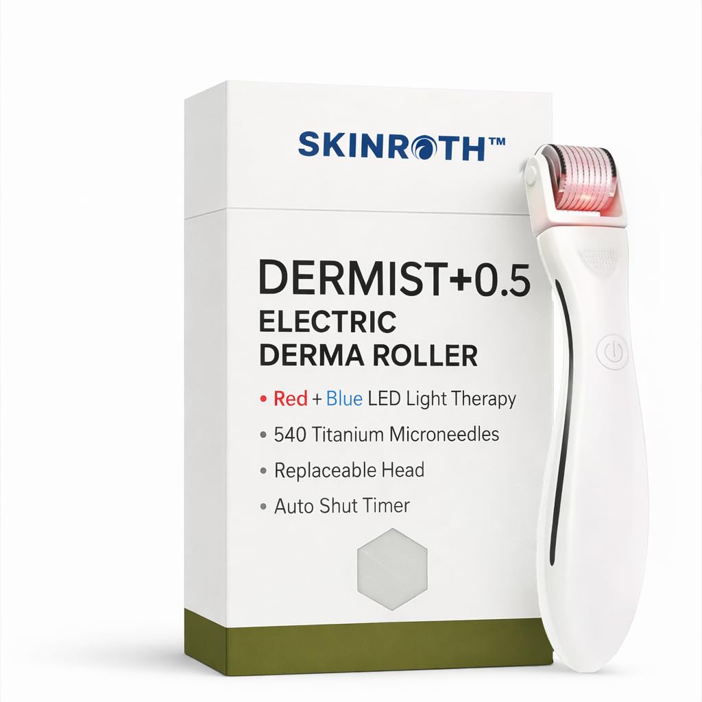Dermist 0.5mm Titanium Alloy Derma Roller – 540 Needle Replaceable Head with Red & Blue Light | Facial Skin Care & Beard Care Roller | Beauty Tool for Home Use