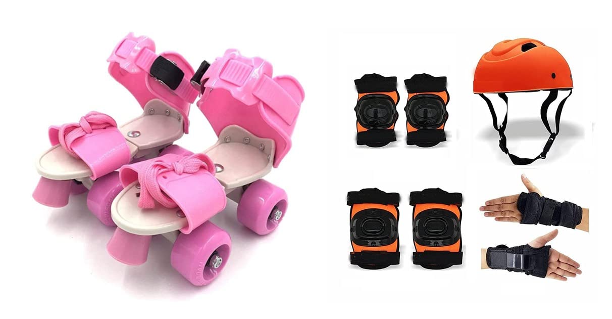 Qwick Click Roller Skates with Protective Set Guard Protection kit for Skating, Cycling & Skateboarding for Kids Age 6-15 Years with Knee, Elbow and Wrist Guards (Pink)