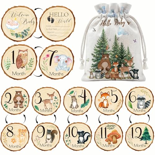 Uflashmi Woodland Baby Monthly Milestone Signs 7Pcs Double Sided Wooden Months Baby Milestone Cards Markers for Girl Boy Hello World Newborn Announcement Sign Photo Prop