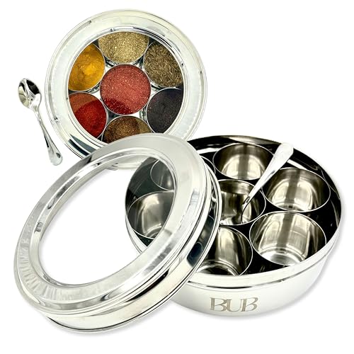 Bub Spicetin7 - Lata de especias (18,5 cm, acero inoxidable pulido con tapa transparente, 7 ollas individuales y cuchara para servir)