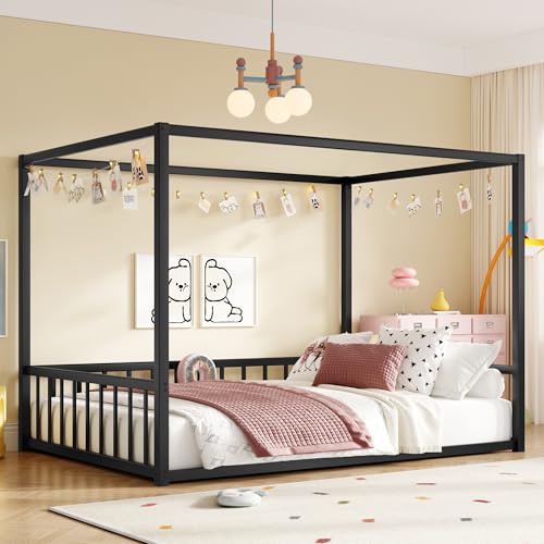 Full Size Canopy Floor Bed with 4 Posters and Guardrails, Full Size Montessori Floor Bed with High Fence, Anti Bump Design, Easy Assemble Montessori Beds, Heavy Duty Canopy Beds Black