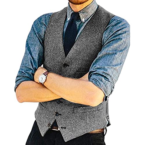 Business Waistcoat for Men V Neck 6 Button Herringbone Wool Tweed Suit Vest for Male Wedding Tuxedos Blazer More Color (Color : Gray, Size : Large)