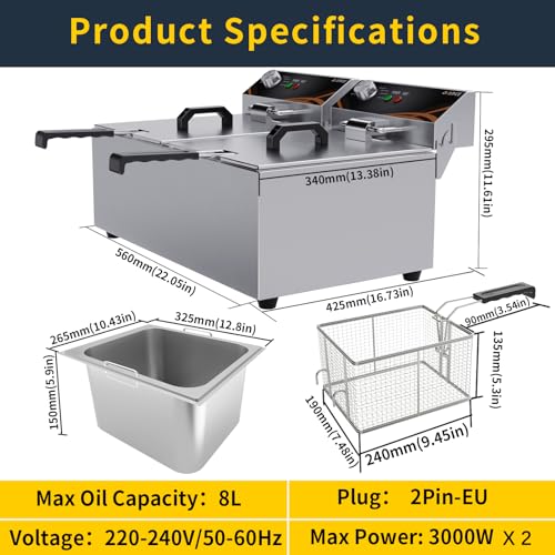 DULNICE Fritteuse Commercial Elektro-Fritteuse 8L*2, Elektrische Friteuse mit Fett 3000W*2 Doppeltem Korb & Deckel, Edelstahl Fritteusen leicht zu reinigen 60°C-200°C Fritteuse Mit öl für Küche – Bild 8