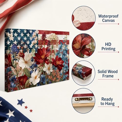 Image of Patriotic Floral American Flag Framed Canvas Wall Art, 4th of July Wildflower Pictures, Independence Day Canvas Prints for Living Room, Bedroom, Kitchen, Farmhouse, Home Wall Decor