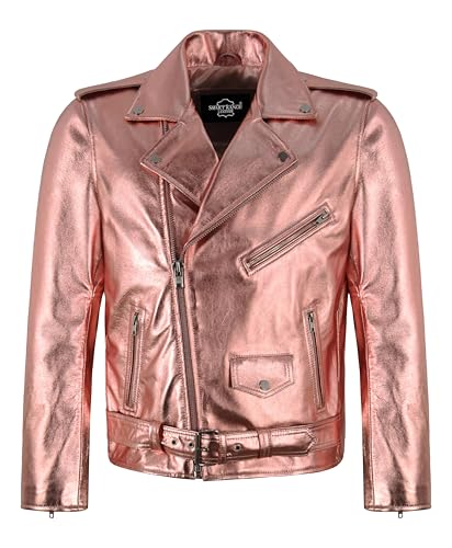 Veste de motard pour homme en cuir véritable BRANDO rose métallisé coupe slim
