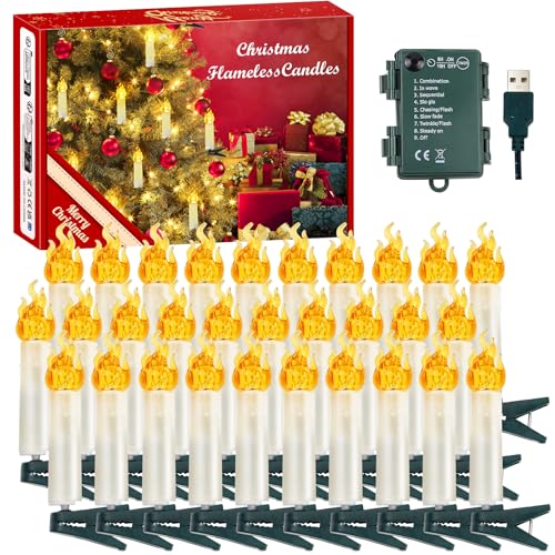YUEJIDZ 30 stk LED Christbaumkerzen,Warmweiß Wasserdicht Lichterkette...