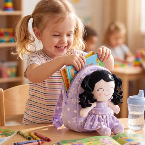 Image of Gloveleya Toddler Backpacks Baby Girl Gifts Curly Hair Plush Figures Dress Backpack Kids Backpack Curly Hair Spring Girl - Black Head Purple Star 9''