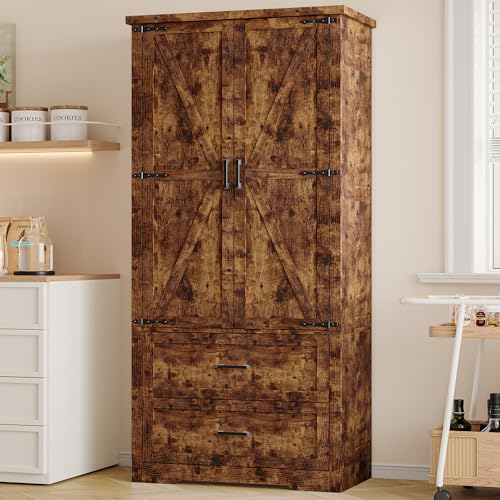 Image of BORNOON Pantry Organizers and Storage Cabinet, 71 inch Barn Door White Kitchen Cabinet with Drawers and Adjustable Shelf, Tall Pantry for Kitchen, Dining Room, Living Room. Bathroom and Office