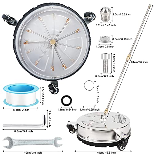 Jinhzwin 15'' Pressure Washer Surface Cleaner, 4000 Psi Stainless Steel Surface Cleaner With 3 Wheels & 1/4" Quick Connector, 2 Extension Wands, 3 Replace Nozzles, Storage Bag - For Cleaning Driveway #TOP2