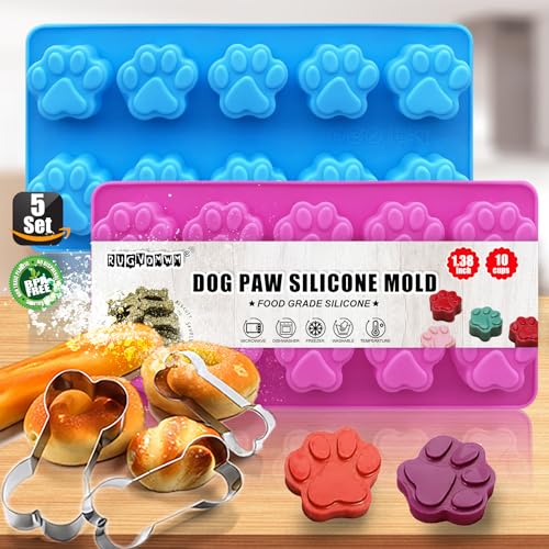 Set of 5, 2 Pack Puppy Dog Paw and 3 Pack Stainless Steel Bone Cookie Cutter, RUGVOMWM Food Grade Silicone Molds (Pink & Blue)