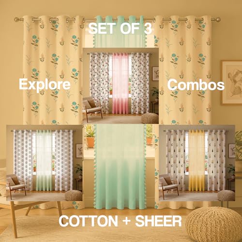 Image of Urban Space Printed 100% Cotton Curtain for Door, Cotton & Sheer Combo Set of 3 Curtains 7 Feet Long, Tieback & Eyelets Included with Curtains for Room Darkening (Coneflower Blue & Aqua pom pom)