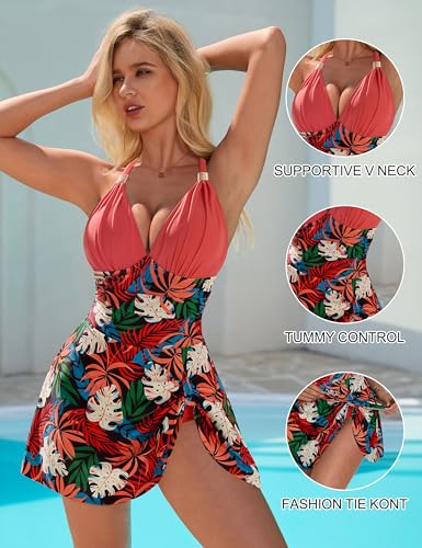 SUUKSESS Women One Piece Swim Dress Tummy Control Swimsuit Tie Knot Bathing Suit2