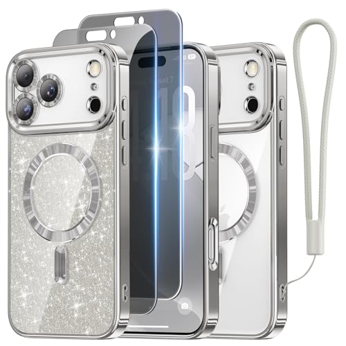 Meifigno for iPhone 17 Pro Max Case with 2X Privacy Screen Protectors(6.9''), [Glitter Card & Wrist Strap] [Compatible with MagSafe] Surround Raised Lens Protection for 17 ProMax Case, Titanium Silver