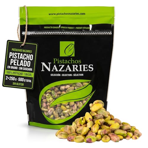 PISTACHOS NAZARIES Pelados Sin Cascara Sin Sal en Grano Natural 500 g 2x250 g Pistachos Españoles Frutos Secos Andaluces Cultivo Propio en Malaga Snack Saludable Aperitivo Reposteria Helado Bizcocho