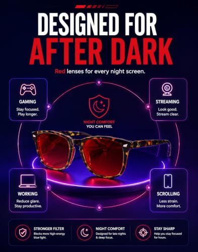 Image of TIJN Sleep Glasses with Blue Green Light Blocking, Red Light Lens for Computer Gaming, Screen Fatigue & UV Protection