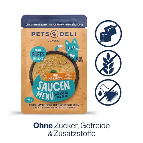 Pets Deli Nassfutter für Katzen 'Saucen Menü' mit Putenfilet und Karotte ohne Zucker und Gluten 12 x 70g