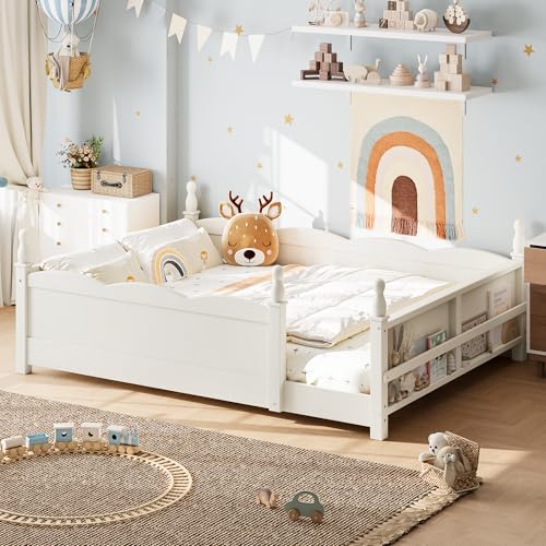 Image of Bellemave Full Size Montessori Floor Bed Frame with High Fence, Solid Wood Kids Floor Bed with Bookshelf, Low Profile Bed for Boys & Girls, Childlike Design,Beige