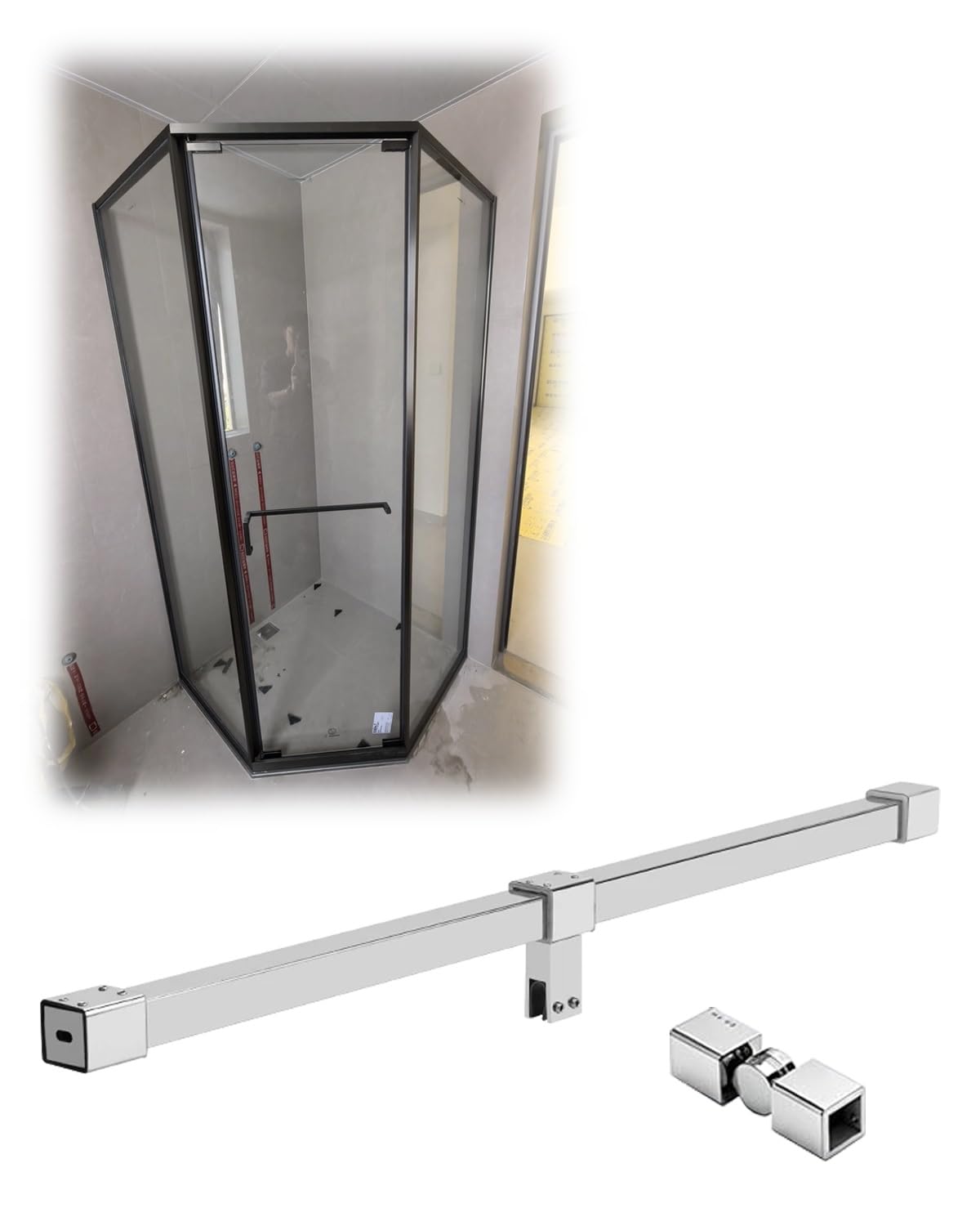 7- 78 in Shower Screen Support Bar with 360° Rotatable Brackets, Fixed Glass Panel Stabilizer Arm Fits 8-10mm Vitreous, Partition Brackets(Sliver,130cm/51in)