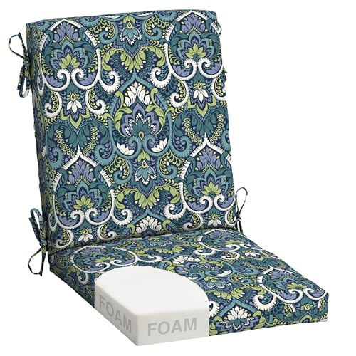 Image of Arden Foam Patio Dining Outdoor Chair Cushions, 20 x 44, Premium High-Density Foam, Never Flattens, Weather-Proof for Outdoor Chairs, Sapphire Aurora Blue Damask