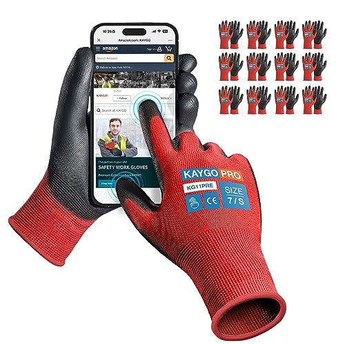 Image of KAYGO Work Gloves PU Coated for Men and Women, 12 Pairs Safety Work Gloves with Two Fingers Touchscreen, Breathable and Lightweight,Ideal for Light Warehouse, Manufacturing, Gardening, KG11P (S, Red)