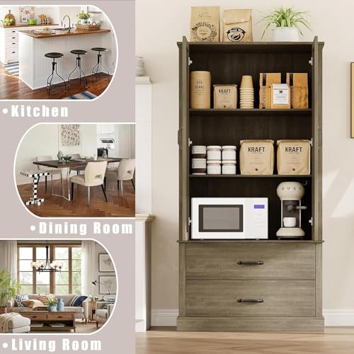 GarveeHome Kitchen Pantry Cabinet, Farmhouse Storage Cabinet with Barn Doors, Drawers and Adjustable Shelves, Versatile Storage for Kitchen, Dining Room, Rustic Grey