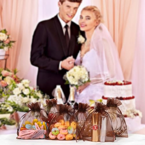 Image of Hopttreely 100PCS Sheer Organza Bags, 4x4.72 Brown Satin Drawstring Organza Jewelry Pouch Wedding Party Favor Gift Bag