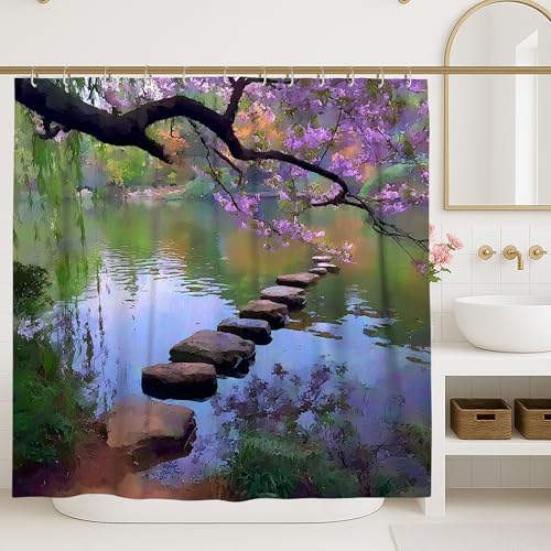 Nature Inspired Shower Curtain, Pastel Violet Floral Scene Bathroom Decor, Spring Summer Elegant Garden Style Waterproof Fabric Shower Curtain with Hooks 72x84 Inch