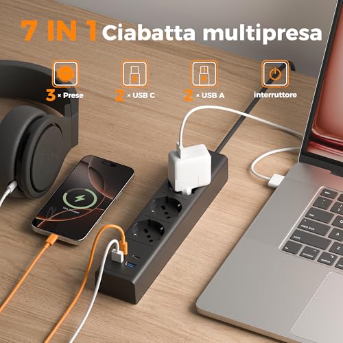 Tessan Ciabatta Multipresa Con Usb, 7 In 1 Ciabatta Elettrica Multipresa Con 4 Prese Schuko E 4 Usb, 4000W Prolunga Elettrica 2 Metri Con 1 Interruttore, Presa Multipla Salvaspazio Nera - 2