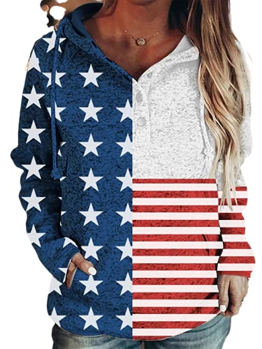 Womens Patriotic Sweatshirt Stars and Stripes American Flag Hoodie Long Sleeve Pullover Tops Warm Tunic Casual Blouse M