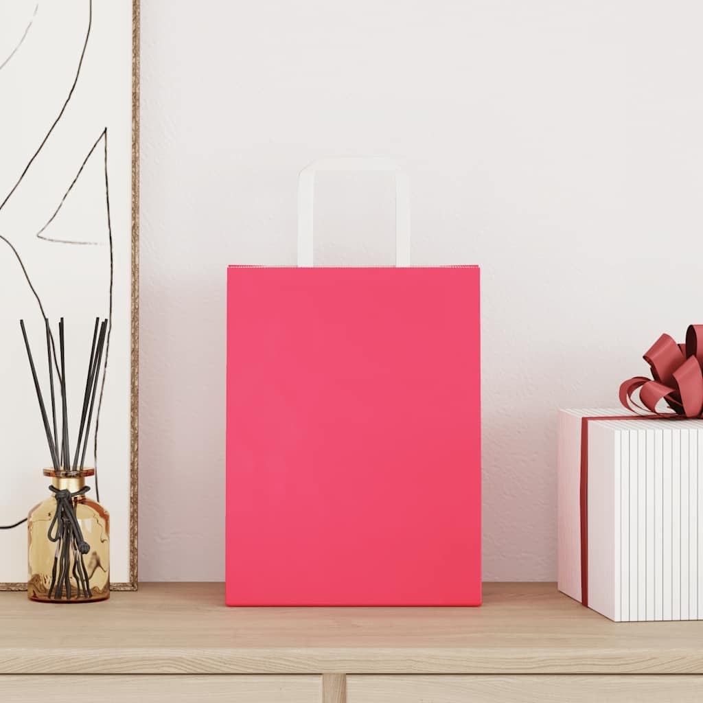 Torby papierowe kraft 250 szt. z różowymi uchwytami 21 x 11 x 28 cm, trwałe i nadające się do recyklingu torby na prezenty i zakupy, na imprezy, zakupy i odpady