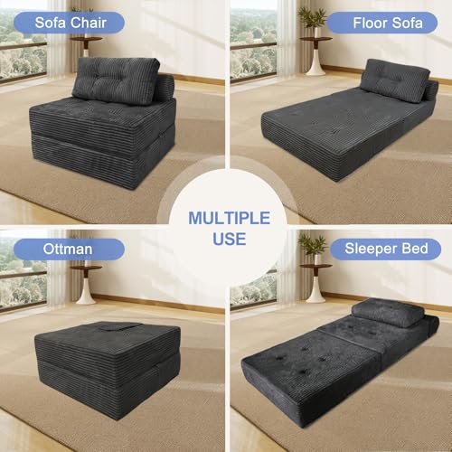Image of ANONER Sectional Cloud Couches, Folding Sofa Bed with Pillow, Futon Floor Couch, Versatile Convertible Sleeper Chair, Boneless Chaise Lounge, Fold Out Chair Bed for Living Room, Dark Grey