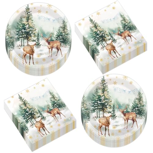 50Pcs Christmas Reindeer Paper Plates and Napkins Watercolor Deer Snow Pine Trees Snowflakes Table Decoration Winter Woodland Disposable Tableware Set 25 Guests Xmas Holiday Birthday Party Supplies