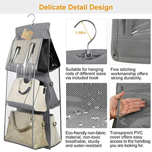 Image of 6 Pocket Hanging Handbag Organizer - Multi-Compartment Purse Storage with Adjustable Hooks - Space-Saving Closet Organizer for Handbags, Purses, Wallets - Durable, Home (2 Pcs Grey)