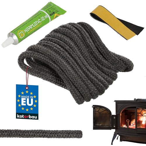 KOTARBAU Cuerda de sellado para estufa de leña – 2,5 m – Hilo de fibra de vidrio – 9 mm – Adhesivo resistente al calor – Junta de chimenea – Kit de reparación – Junta de chimenea – Cuerda de sellado