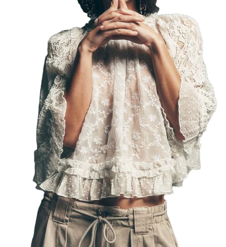 Women Plus Size Bell Sleeve Flowy Sheer Mesh Blouse Tunic Poncho Top Ruffle Y2k Shawl Shirt See Through Cover Up