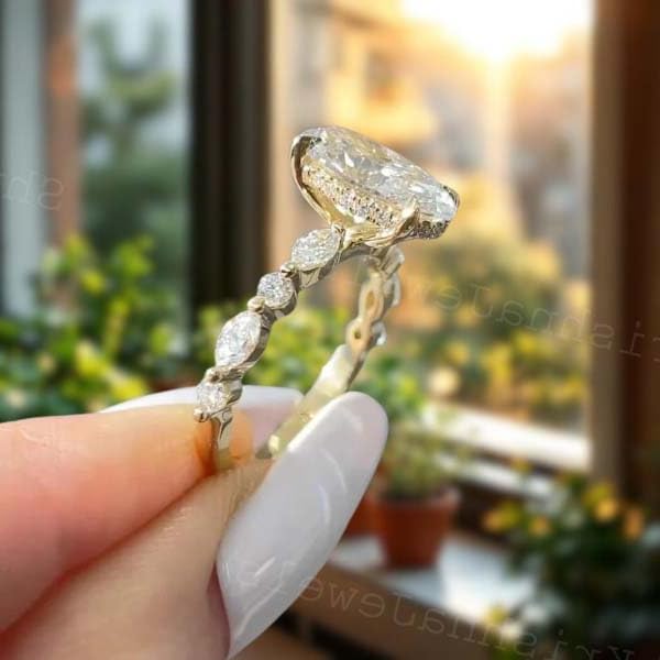 2 CT Oval Cut Moissanite Diamond Engagement Ring 14K Solid Gold Ring Side Diamond Round & Marquise Hidden Halo Promise Gift For Women3