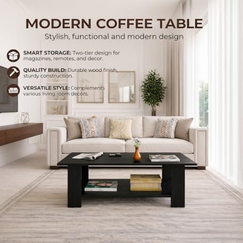Image of Spyder Craft Modern Coffee Table with Open Storage Shelf - Minimalist Rectangular Center Table for Living Room, Office, and Lounge - Durable Engineered Wood, Easy Assembly (Black) (Assembly -DIY)
