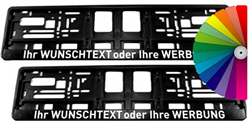 Satz (2 Stück) Kennzeichenhalter - MIT INDIVIDUELLEM WUNSCHTEXT - VOLLUMRANDUNG - Beschriftung Werbung Spruch Text personalisiert