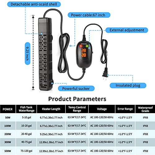 Image of HiTauing Aquarium Heater, 50W /100W /200W /300W /500W Submersible Fish Tank Heater with Over-Temperature Protection and Automatic Power-Off When Leaving Water for Saltwater and Freshwater