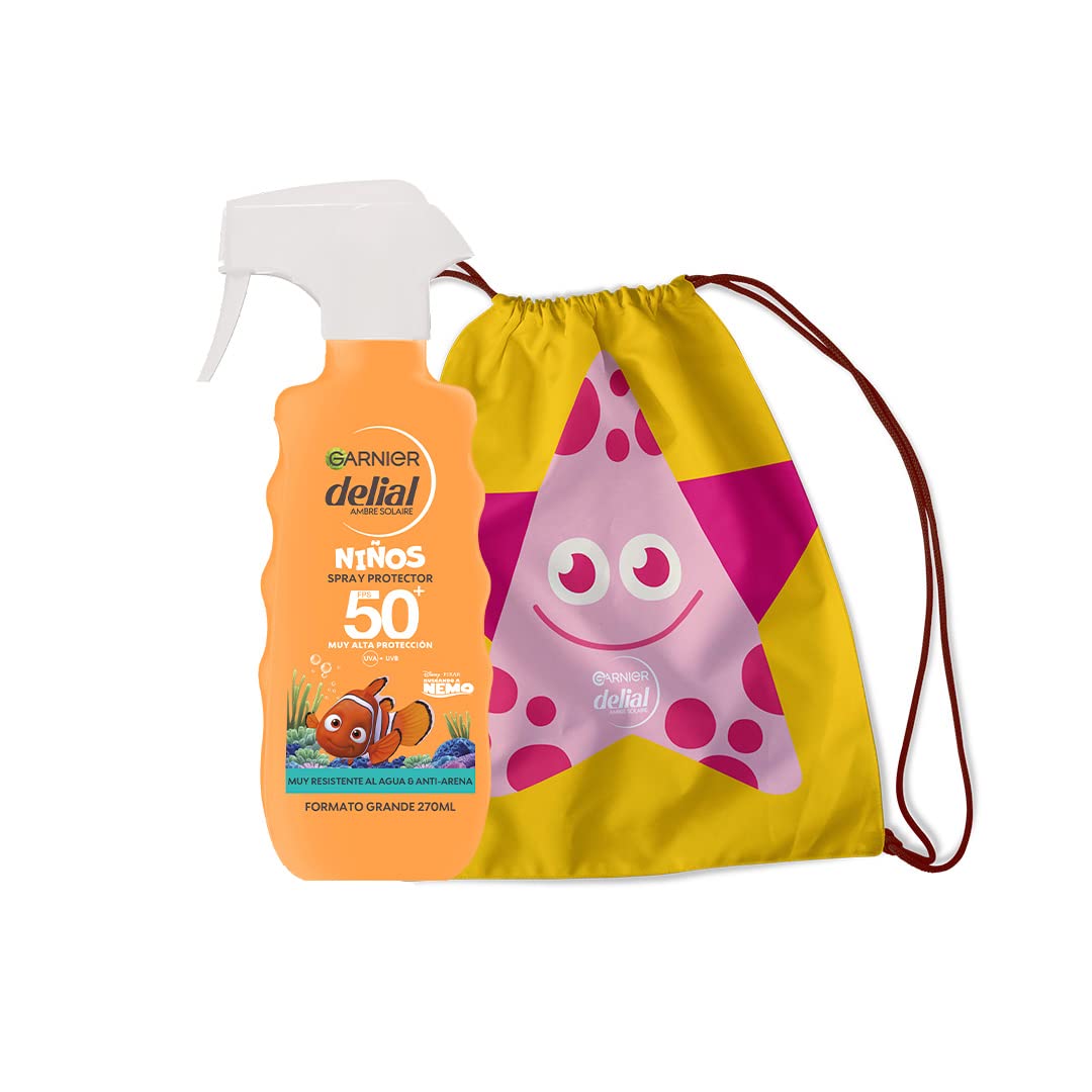 Garnier Delial Spray Protector Nemo Eco-Diseñado para Niños con Regalo Mochila, Muy Alta Protección SPF50,Muy Resistente al Agua y Anti Arena, Enriquecido con Aloe Vera- 270M + Mochila Niños