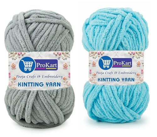 ProKart Super Stitch Knit Yarn | 200g Combo Pack | Blankie Wool, Plush & Cuddly, Chenille Yarn Supersoft Hand Knitting Wool Ball | Suitable for Hand Knitting and Crocheting for Baby, Blankets, Babywear & Craft 2 Balls (1 Ball/100 Gram Each) (Grey & Light Blue)