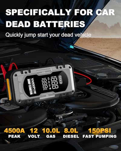 Portable Car Battery Jump Starter with Air Compressor, VANXIPOW 4500A 150PSI , 12V Jump Box Car Battery with 600 Lm LED - Additional View