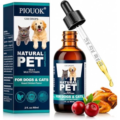 Dogs Vitamins, 15 in 1 Cat Vitamins with Glucosamine Cranberry, Pet Vitamin and Supplements Helps for Joints, Coat Shining, Immune System, Dog Liquid Multivitamin Promotes Appetite(60ml)
