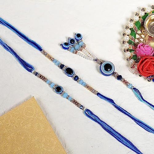 Image of SAUDEEP INDIA Unisex-Adult Rakhi For Bhaiya Bhabhi | Bhaiya Bhabhi Evil Eye Rakhi | Lumba Rakhi For Bhabhi |Couple Rakhi Set | Rakhi Gift (2 Evil Eye Rakhi With 1 Evil Eye Lumba Rakhi)