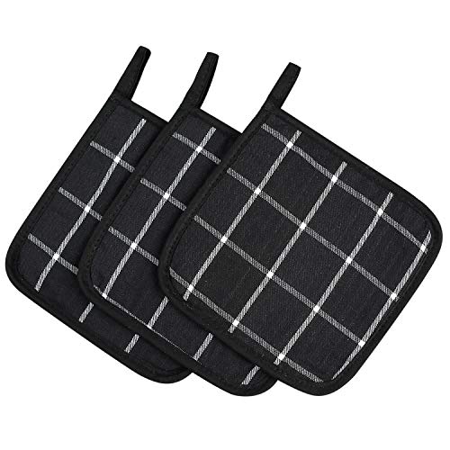 100-Cotton-Kitchen-Everyday-Basic-Pot-Holder-Heat-Resistant-Coaster-Potholder-for-Cooking-and-Baking-7-x-7-Inch-Set-of-3-Black-Plaid 100 Cotton Kitchen Everyday Basic Pot Holder Heat Resistant Coaster Potholder for Cooking and Baking 7 x 7 Inch Set of 3 Black Plaid