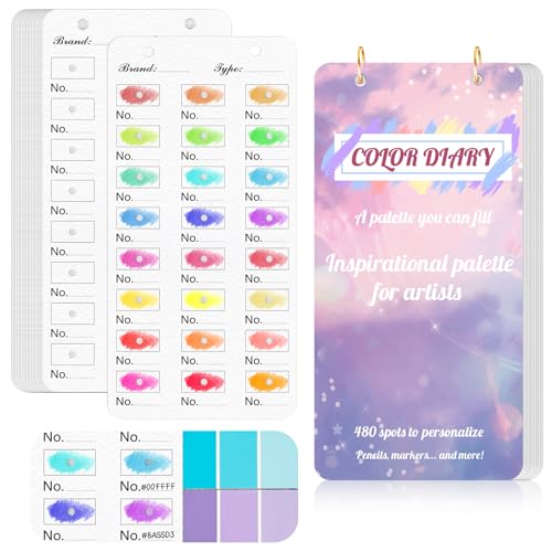 20 Sheets Painters Color Diary for 480 Colors Loose Leaf Color Swatch Notebook 3.5 X 7 Inch Watercolor Swatch Paper Color Chart Template Pre Punched Top Spiral-Bound for Markers & Colored Pencil