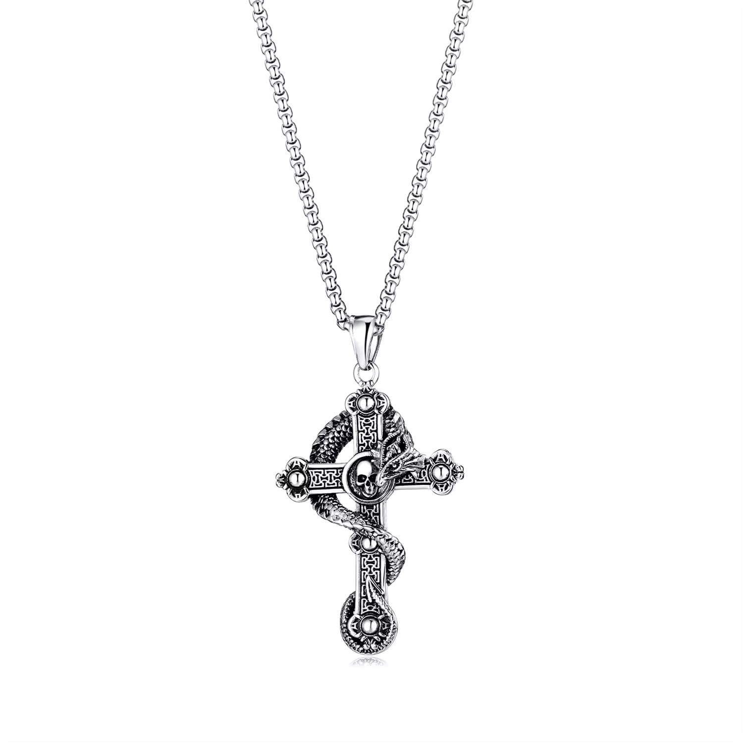 the men thing COBRA CROSS (T) - Pure Titanium Steel Pendant with Stainless Steel 24inch Round Box Chain, European trending Style for Men & Boy-picture-15