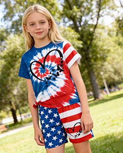 Image of 7-14Y Tween Girl Clothes 2 Piece Short Sleeve Tie Dye Heart Print Top and Shorts Teen Girl Summer Outfits Short Set