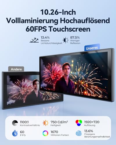 Krunia 10,26 Zoll Wireless Carplay Display für Netflx YouTube für Apple CarPlay & Android Auto, 1080P Rückfahrkamera Auto, OTA, Bluetooth 5.0, Sprachsteuerung, GPS-Navigation, FM, Split-Screen (Schwarz) - Produktansicht 3 | Apple-CarPlay